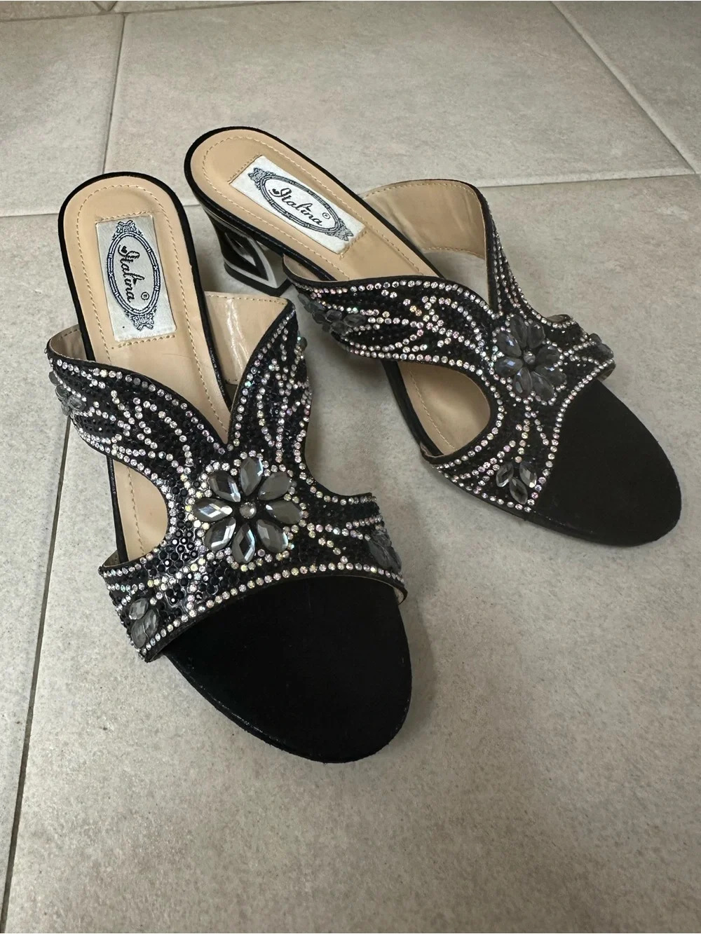Italina Black Jeweled Slide Heels - Women's Dress Sandals (7)